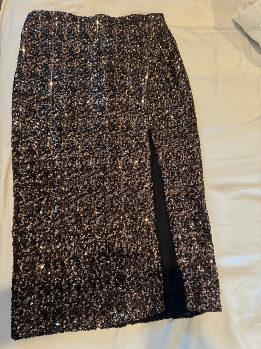 Sequin Pencil Skirt with Front Slit - Brown